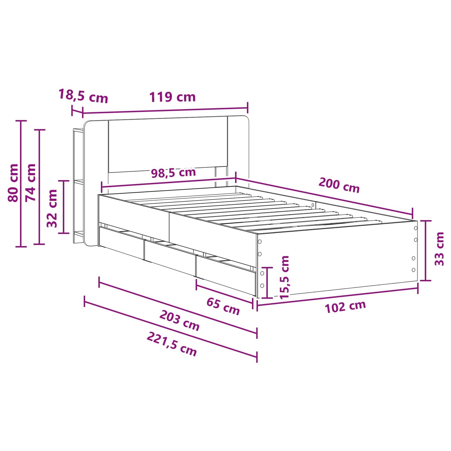 vidaXL Σκελετός κρεβατιού με αποθήκευση Γκρι Sonoma 100 x 200 cm