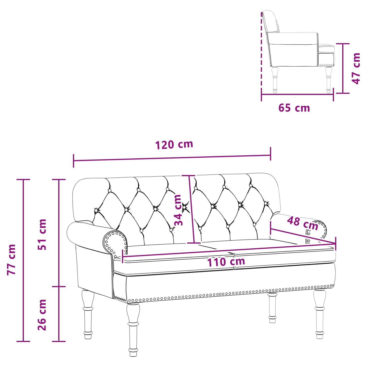 vidaXL Love seat με κουμπιά Λευκό 120 x 65 x 77 εκ Τεχνητό Δέρμα