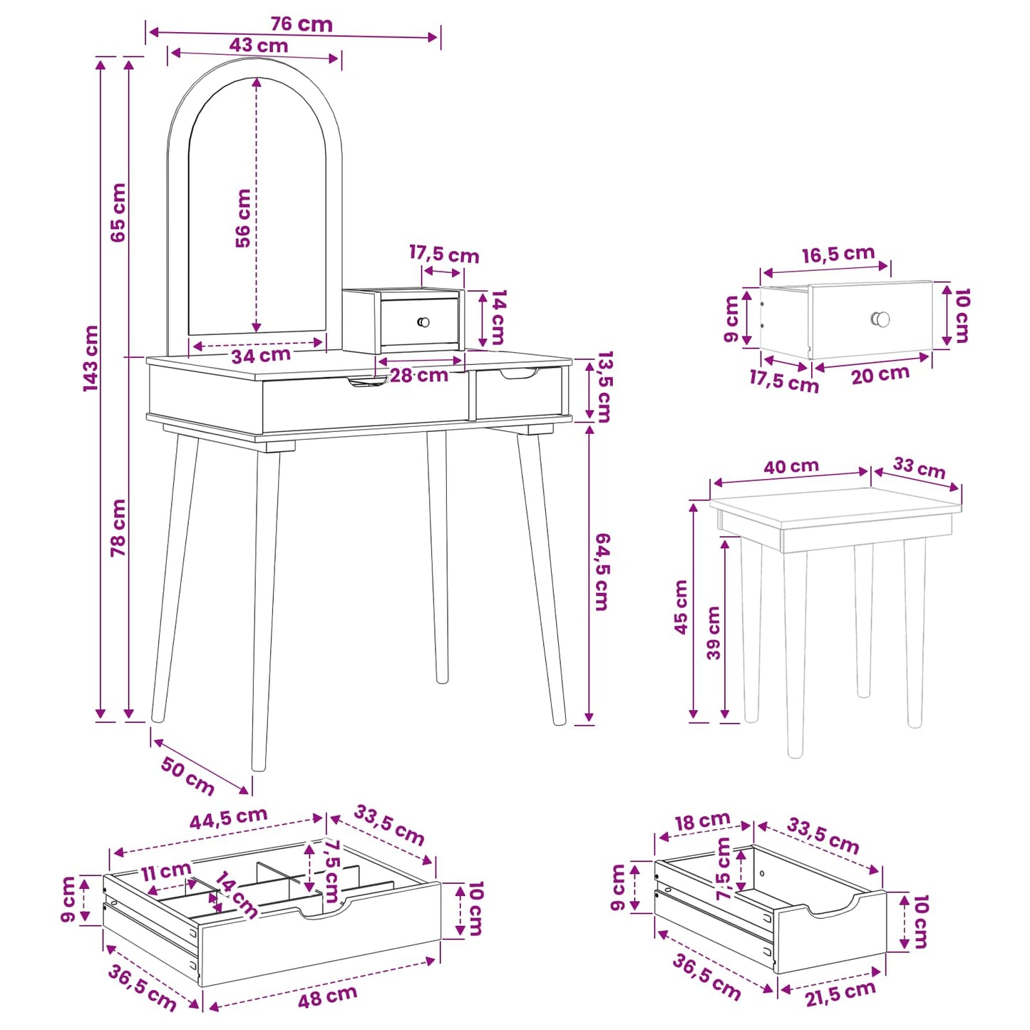 vidaXL Σετ Τραπεζιού Μακιγιάζ FAUSKE 4 pcs Λευκό 76 x 50 x 143 εκ
