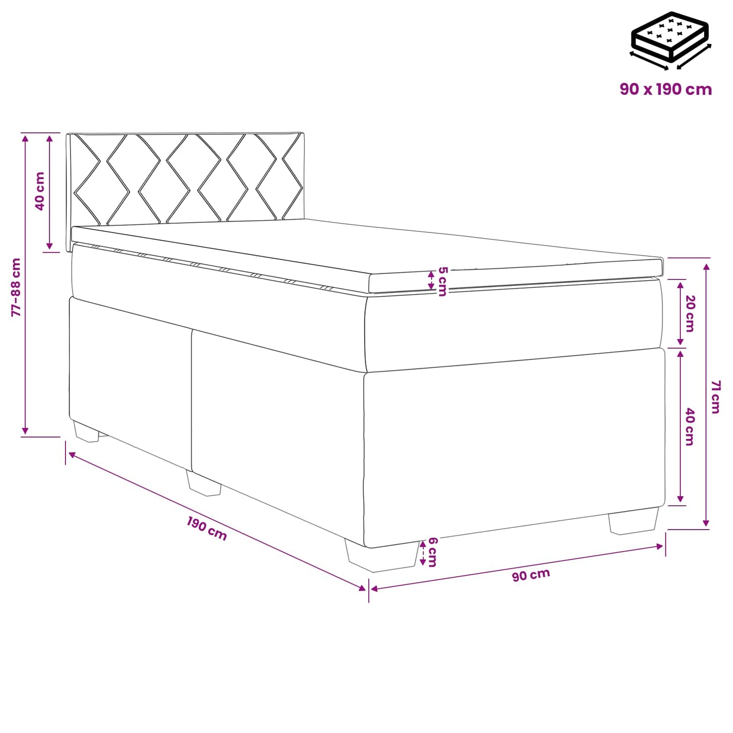 vidaXL Κρεβάτι box spring με στρώμα Μαύρο 90 x 190 cm Ύφασμα