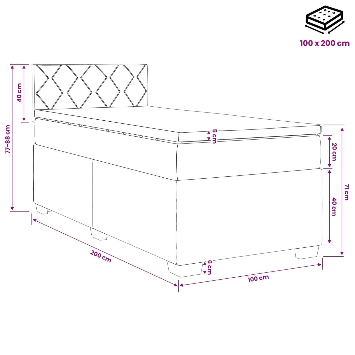 vidaXL Κρεβάτι box spring με στρώμα Μπλε 100 x 200 cm Ύφασμα