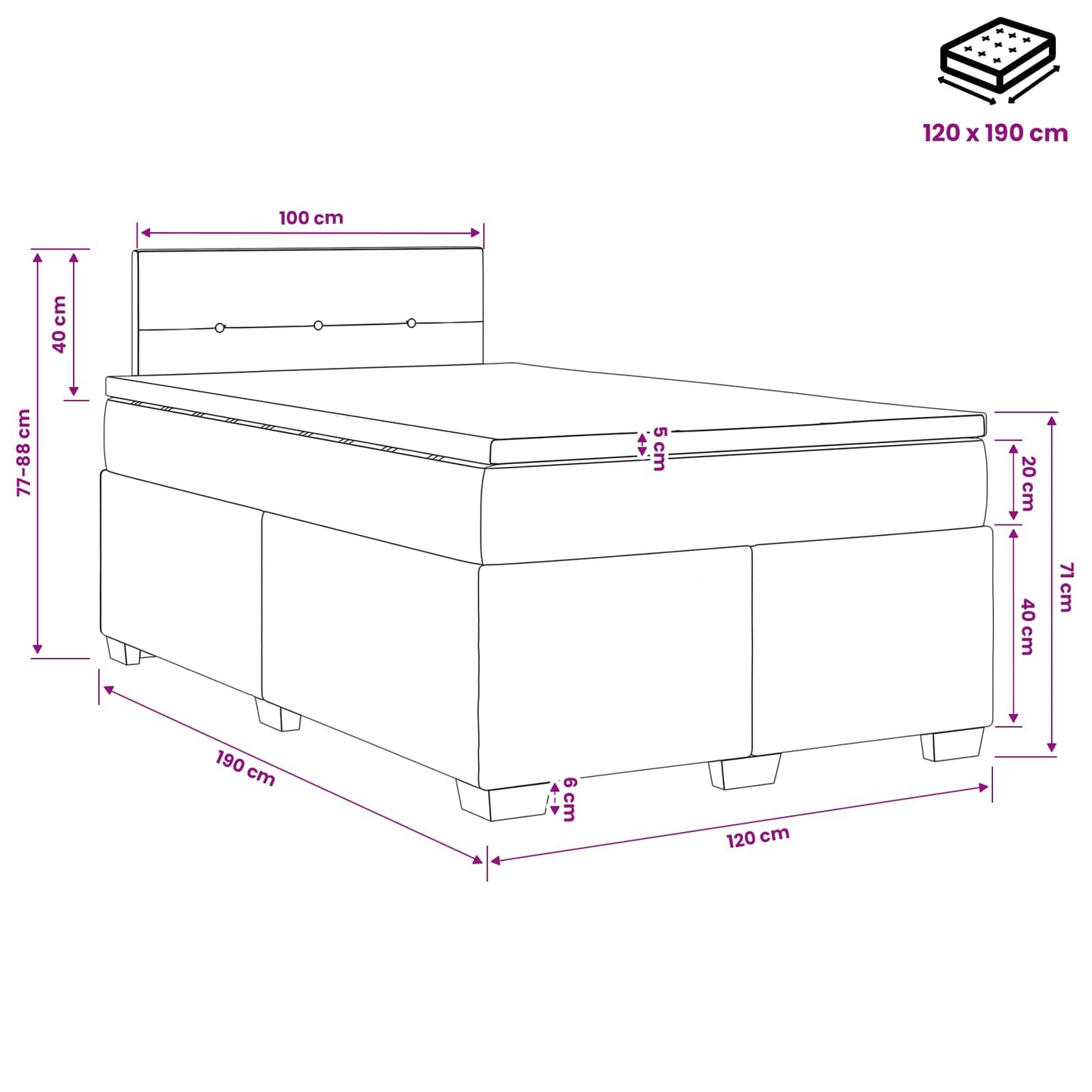 vidaXL Κρεβάτι box spring με στρώμα Μαύρο 120 x 190 cm Ύφασμα