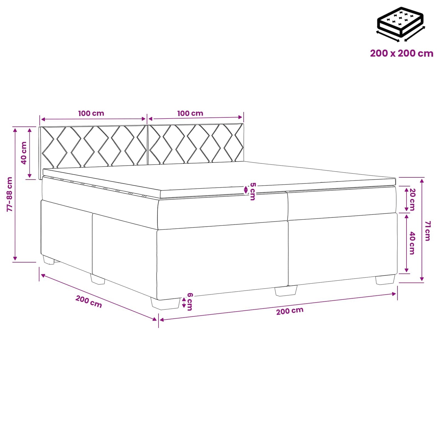 vidaXL Κρεβάτι box spring με στρώμα Μαύρο 200 x 200 cm Βελούδο