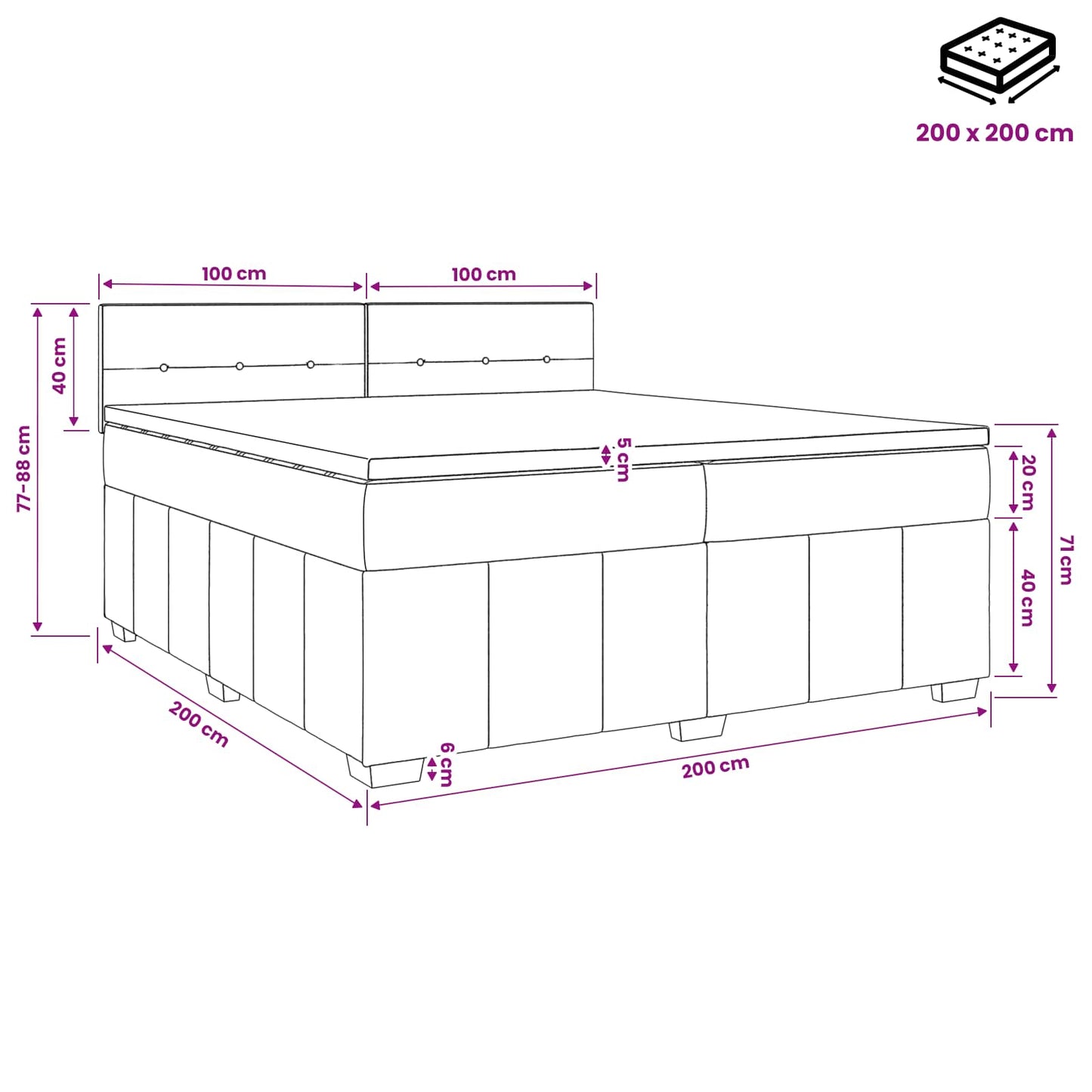 vidaXL Κρεβάτι box spring με στρώμα Μαύρο 200 x 200 cm Ύφασμα