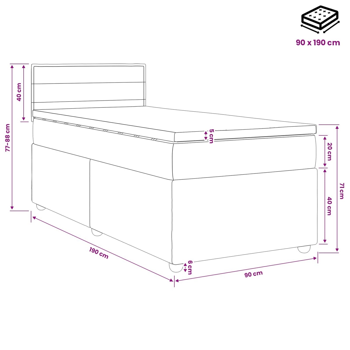vidaXL Κρεβάτι Box Spring με Στρώμα και LED Σκούρο Γκρι 90 x 190 cm