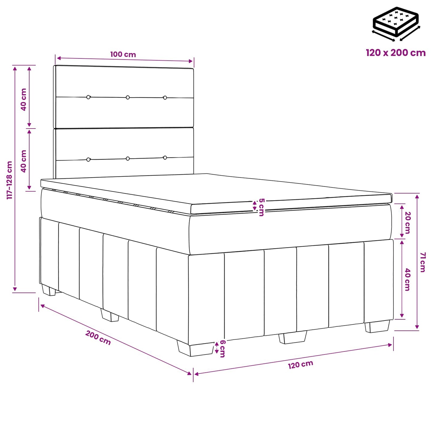 vidaXL Κρεβάτι box spring με στρώμα Μαύρο 120 x 200 cm Ύφασμα