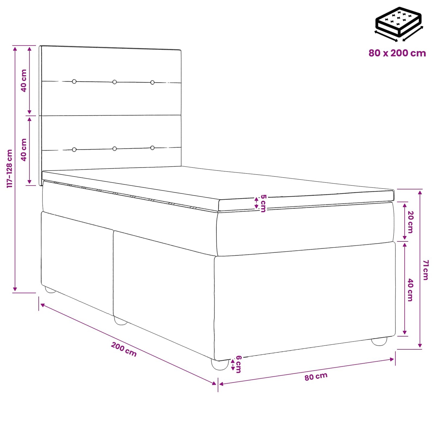 vidaXL Κρεβάτι box spring με στρώμα Μαύρο 80 x 200 cm Ύφασμα