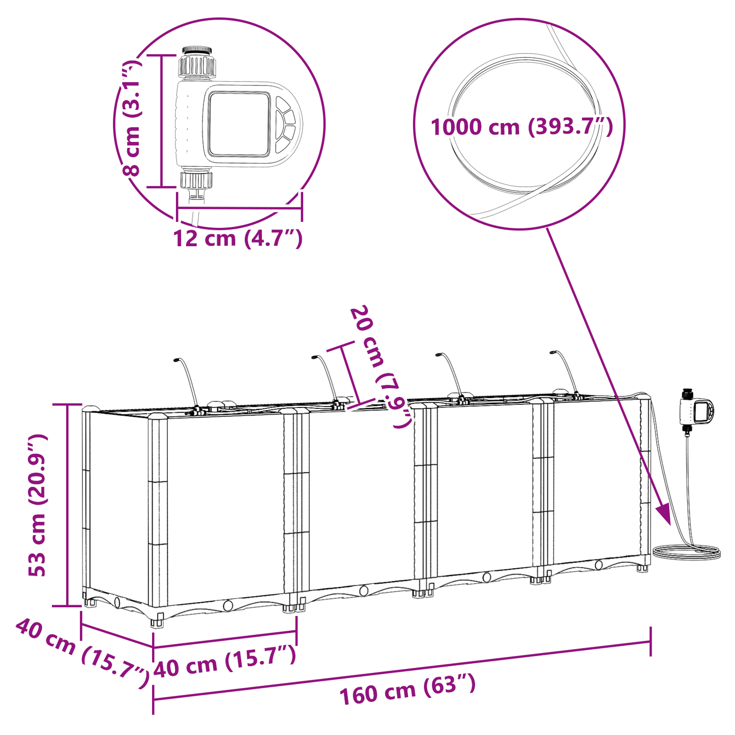 vidaXL Ζαρντινιέρες κήπου Μαύρο 160 x 40 x 52 cm Ατσάλι