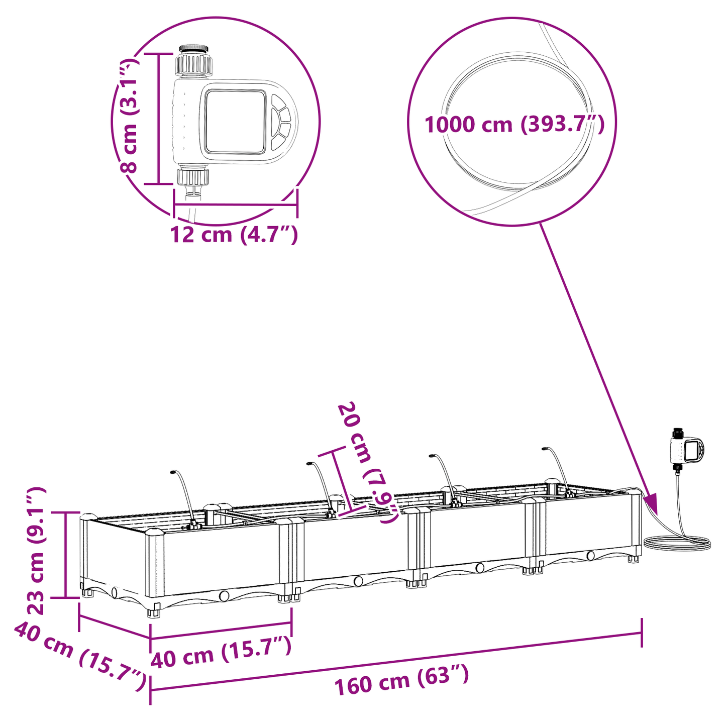 vidaXL Ζαρντινιέρες κήπου Γκρι 160 x 40 x 22 cm Ατσάλι