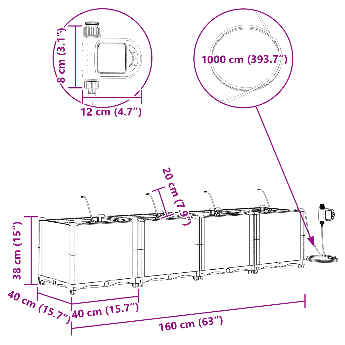 vidaXL Ζαρντινιέρες κήπου Γκρι 160 x 40 x 37.5 cm Ατσάλι