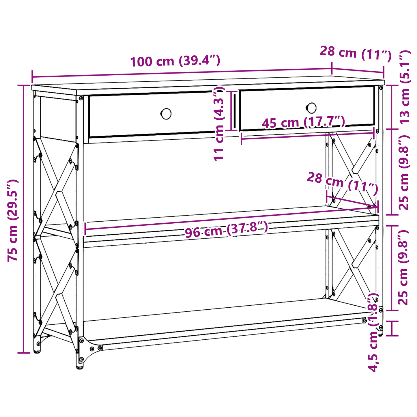 vidaXL Κονσόλα Τραπέζι artisan δρυς 100 x 28 x 75 εκ.