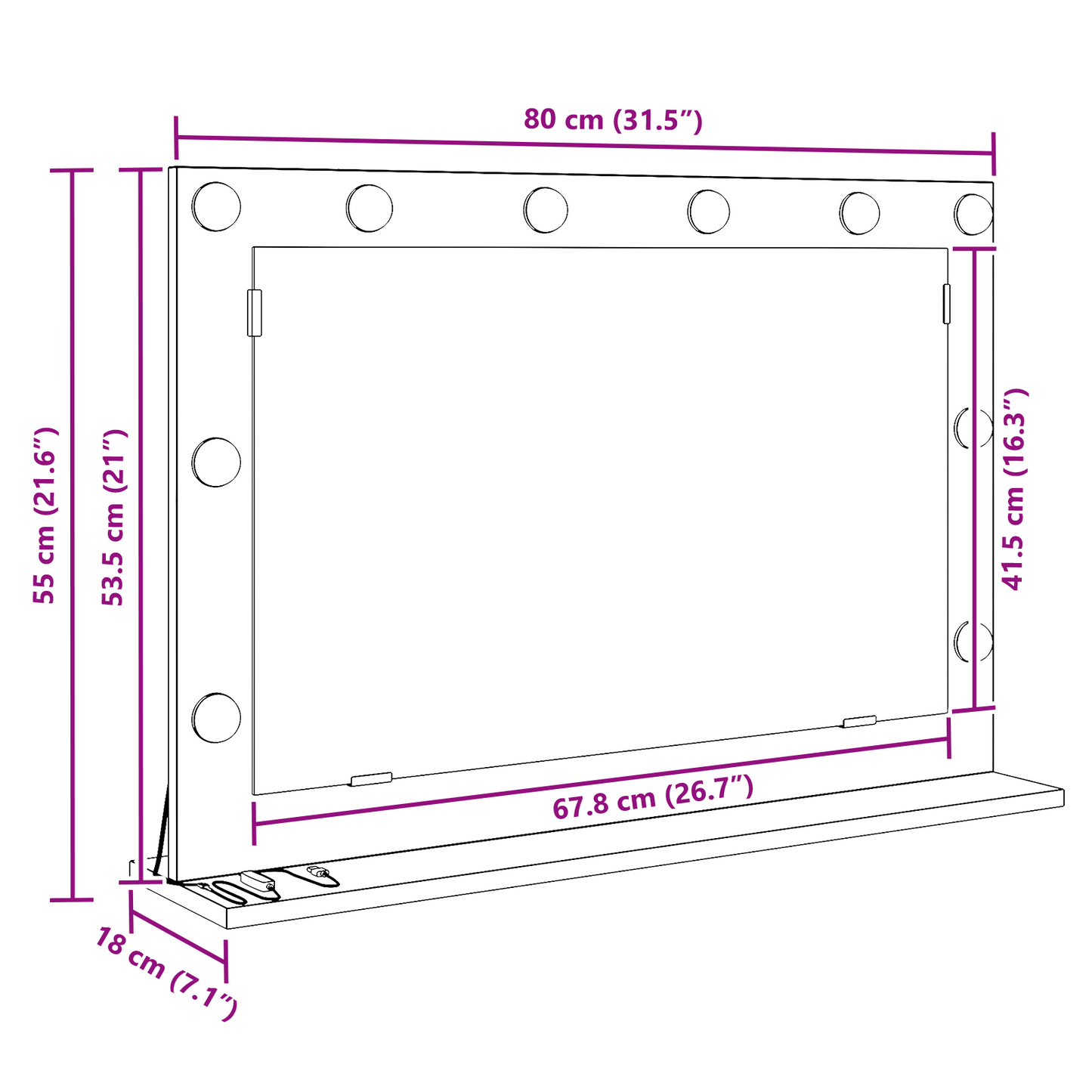 vidaXL Καθρέφτης Μακιγιάζ με LED Φώτα Μαύρη Δρυς 80x55x18 εκ