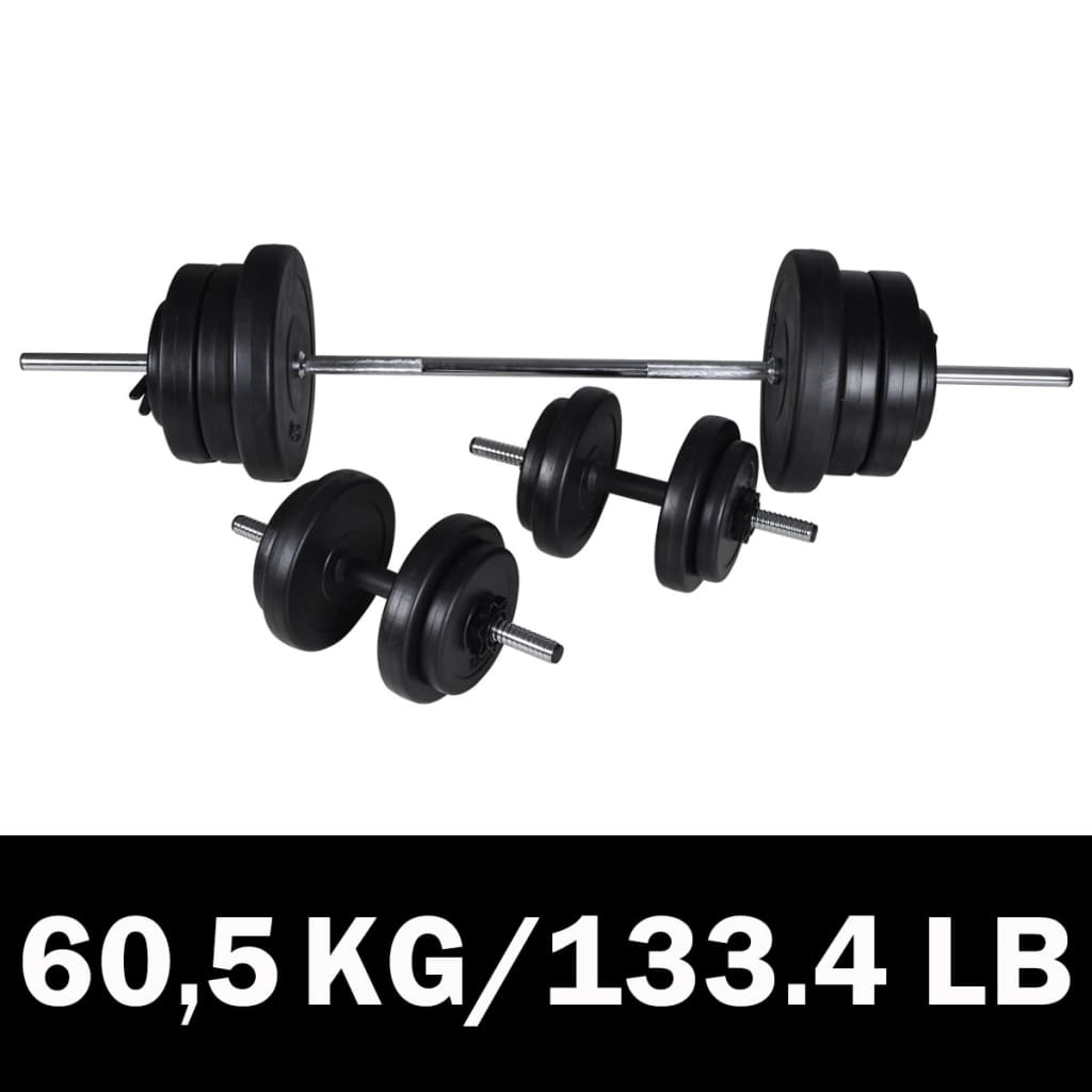 Set of Weight Lifting Barbell and 2 Dumbbells with Weights 60.5kg