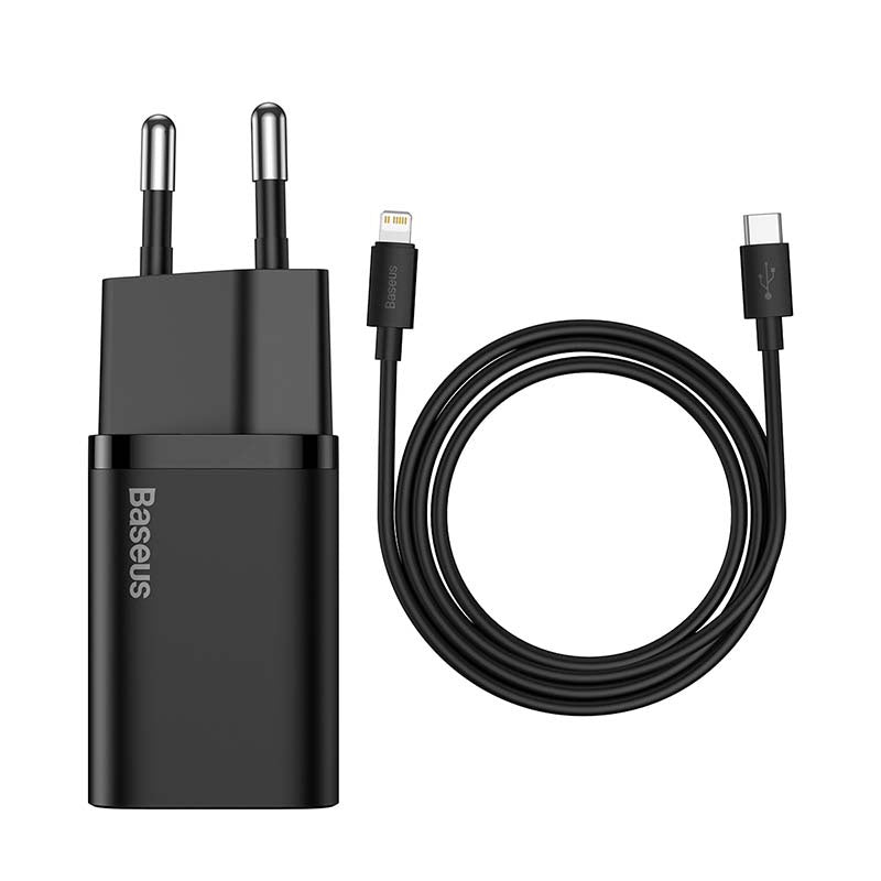 Baseus Γρήγορος Φορτιστής Super Si 1C 20W με Καλώδιο USB-C σε Lightning 1m (Μαύρο)