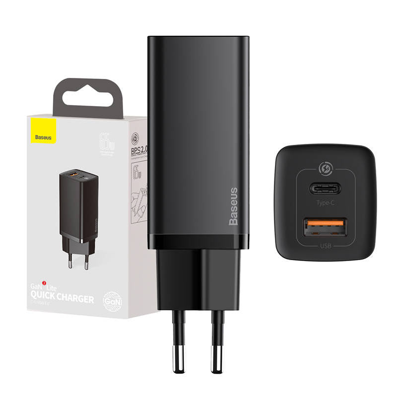 Baseus Φορτιστής Ταχείας Φόρτισης GaN2 Lite USB+USB-C 65W EU (Μαύρο)