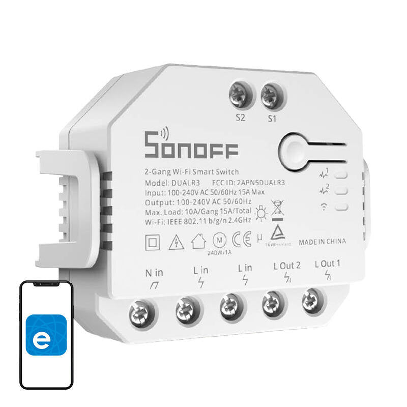Sonoff Έξυπνος Ενδιάμεσος Διακόπτης WiFi Dual R3 (Λευκό)
