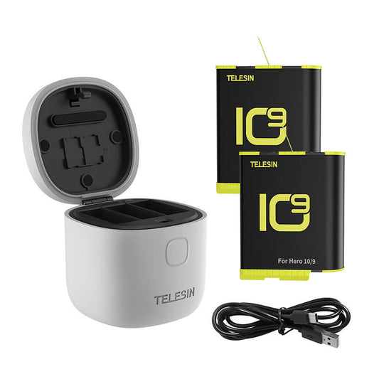 Allin box Αδιάβροχος φορτιστής τριών καναλιών Telesin + 2 μπαταρίες για GoPro Hero 12 / Hero 11 / Hero 10 / Hero 9 (GP-BTR-905-GY-B)