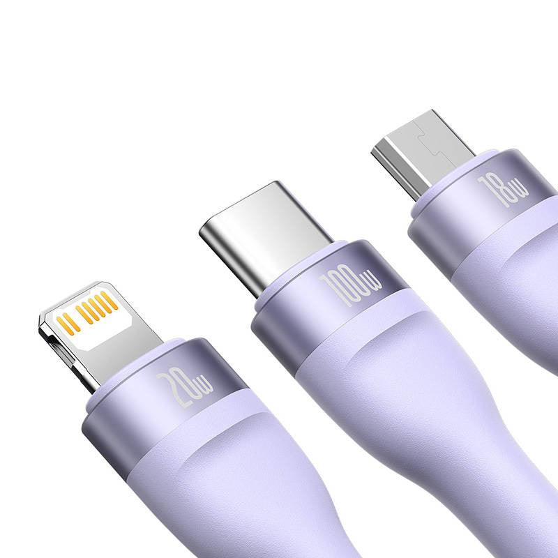 Baseus Καλώδιο USB 3σε1 Flash Series 2, USB-C/MicroUSB/Lightning, 100W, 1.5m (Λιλά)