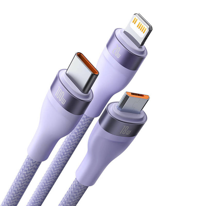 Baseus Καλώδιο USB 3σε1 Flash Series 2, USB-C/MicroUSB/Lightning, 100W, 1.5m (Λιλά)