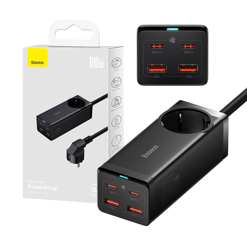 Baseus Φορτιστής/Πολύπριζο GaN3 Pro 2xUSB + 2xUSB-C + AC, 100W (Μαύρο)