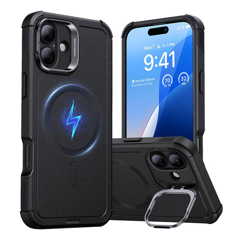 ESR Cyber Tough Case with Stash Stand (HaloLock), Compatible with iPhone 16 Plus (Black)