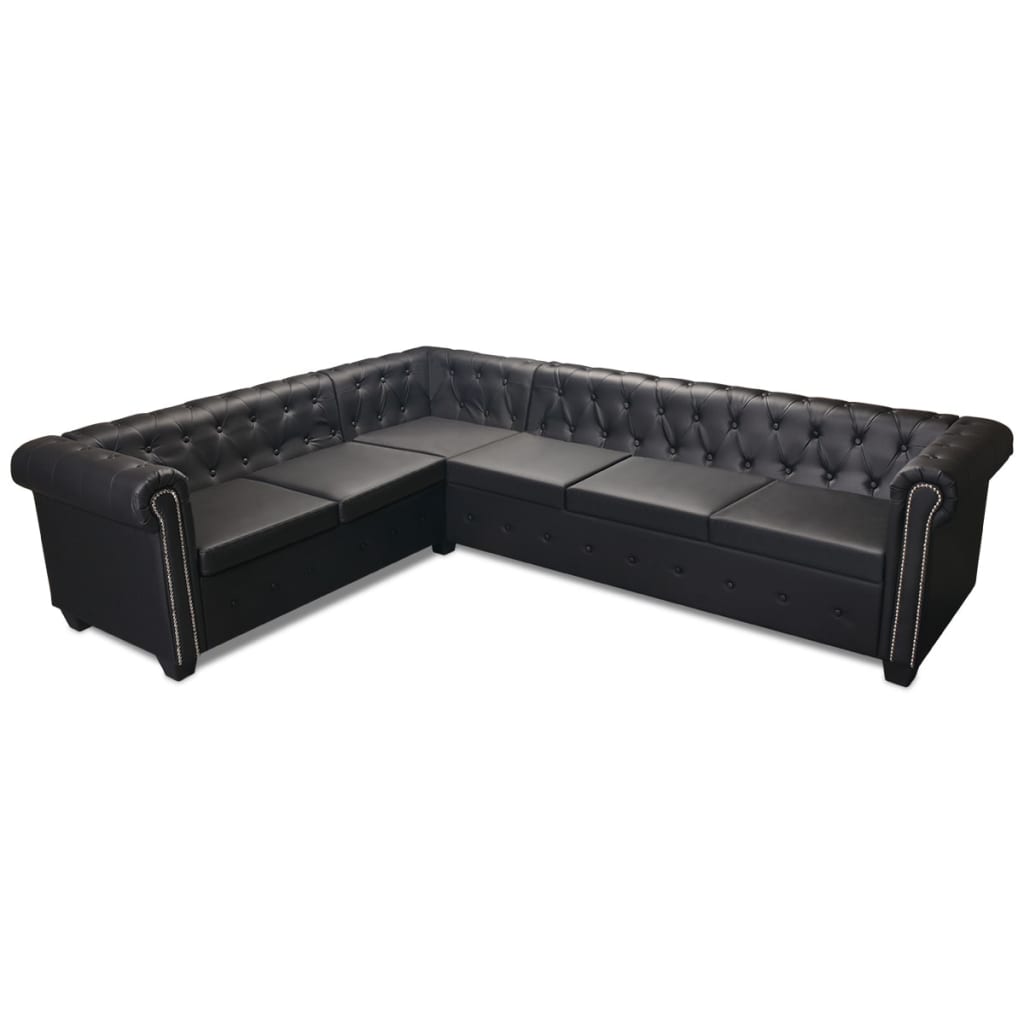 vidaXL Καναπές Γωνιακός Εξαθέσιος Chesterfield Μαύρος Συνθετικό Δέρμα