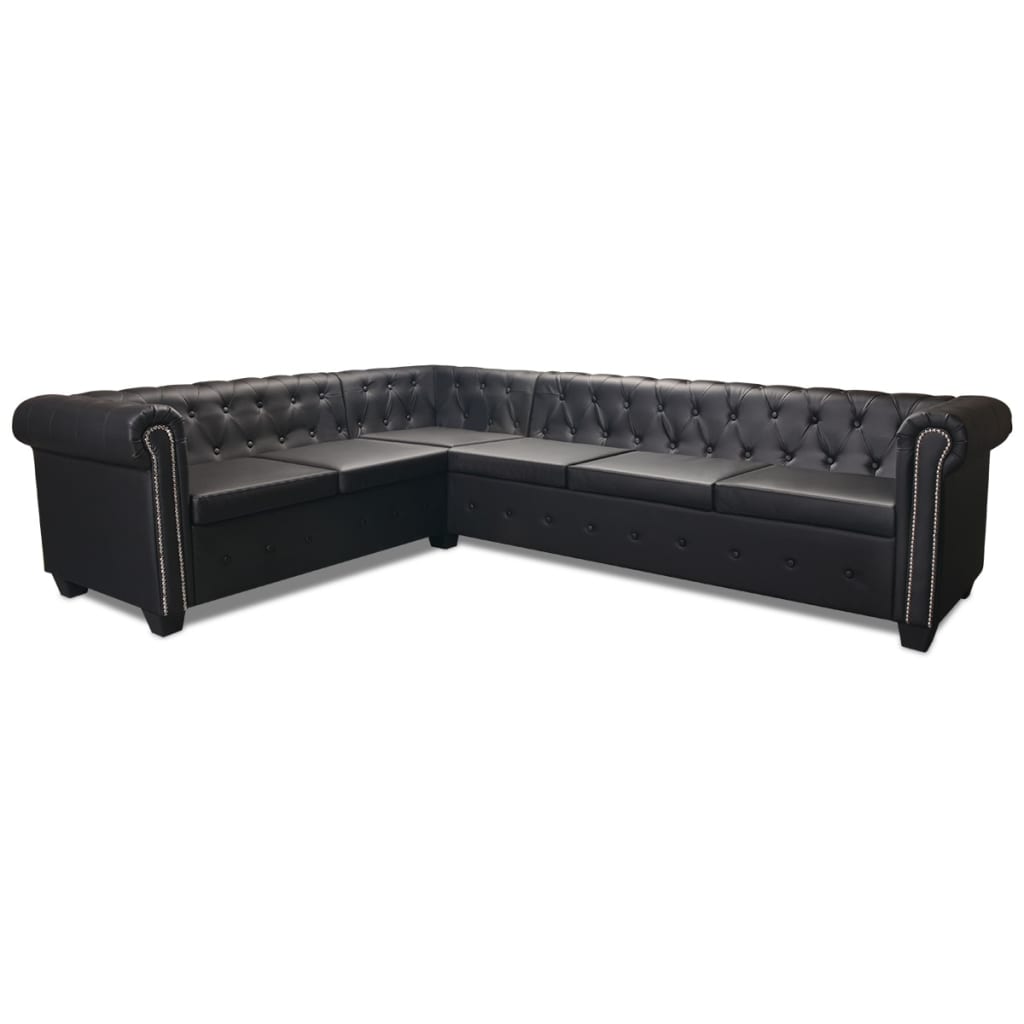 vidaXL Καναπές Γωνιακός Εξαθέσιος Chesterfield Μαύρος Συνθετικό Δέρμα