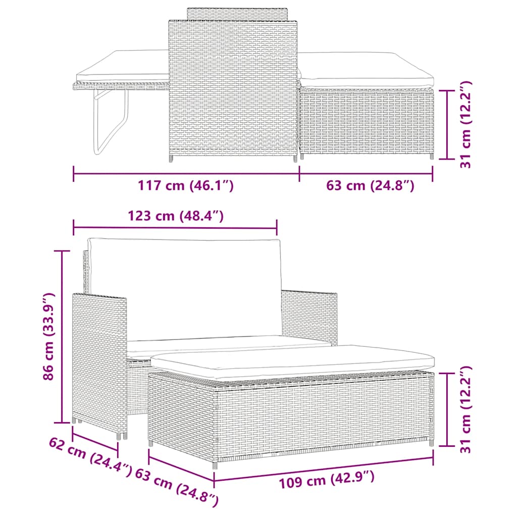 vidaXL Σετ Καναπέ Κήπου 2 τεμ. Γκρι από Συνθετικό Ρατάν με Μαξιλάρια