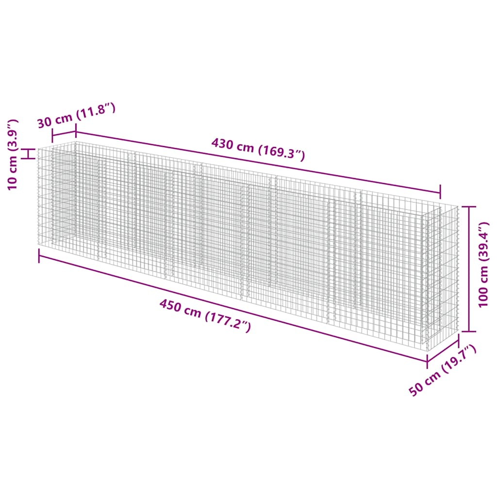 vidaXL Συρματοκιβώτιο-Γλάστρα Υπερυψωμένη 450x50x100 εκ. Γαλβ. Χάλυβας