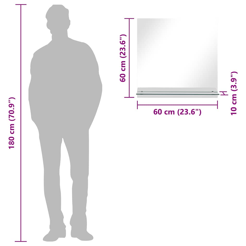 vidaXL Καθρέφτης Τοίχου με Ράφι 60 x 60 εκ. από Ψημένο Γυαλί