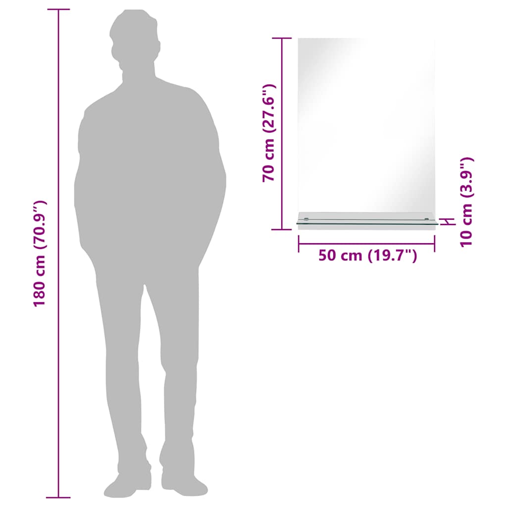 vidaXL Καθρέφτης Τοίχου με Ράφι 50 x 70 εκ. από Ψημένο Γυαλί