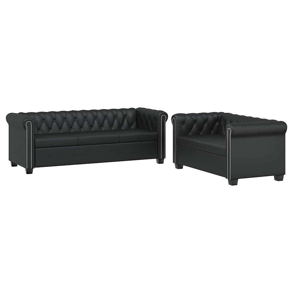 vidaXL Καναπέδες Chesterfield Διθέσιος + Τριθέσιος Μαύρο Συνθ. Δέρμα