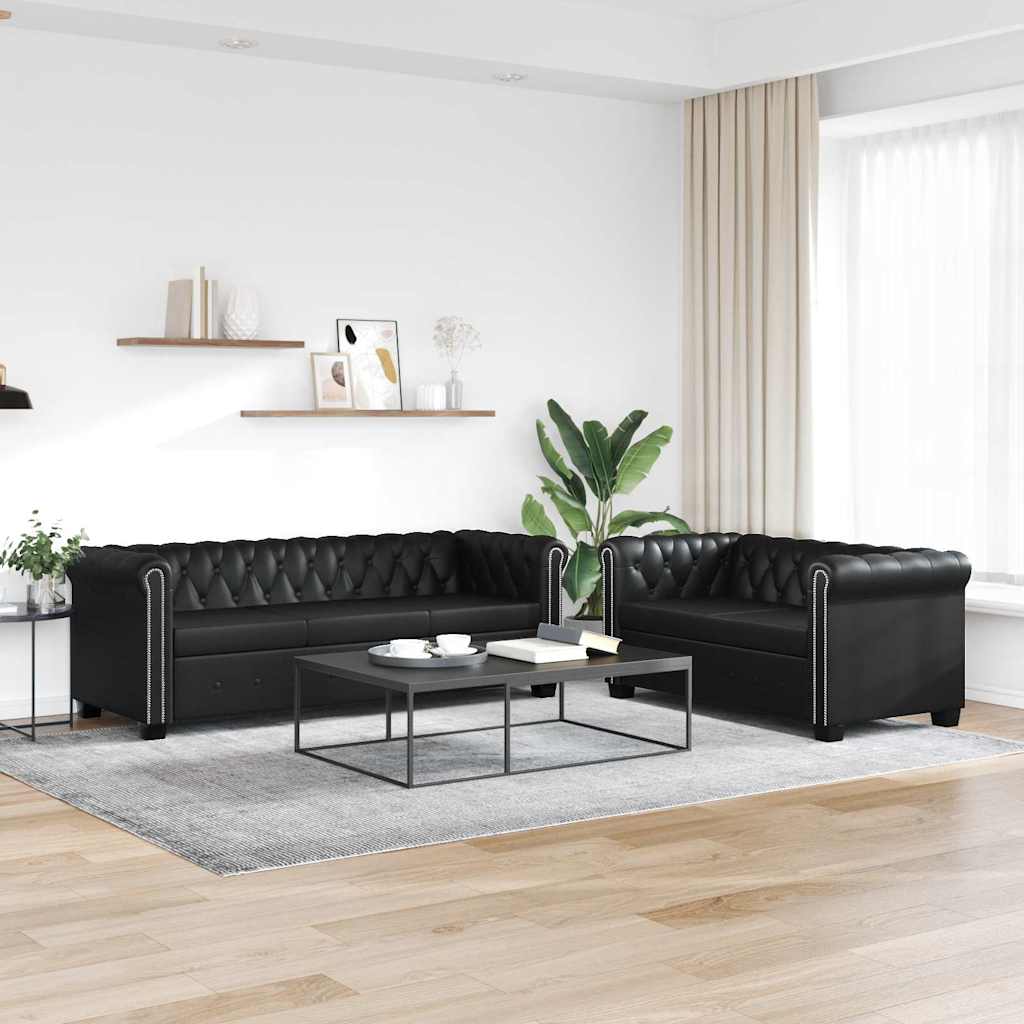 vidaXL Καναπέδες Chesterfield Διθέσιος + Τριθέσιος Μαύρο Συνθ. Δέρμα