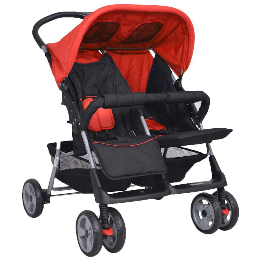 vidaXL Καρότσι Βρεφικό Διδύμων Κόκκινο και Μαύρο Ατσάλινο