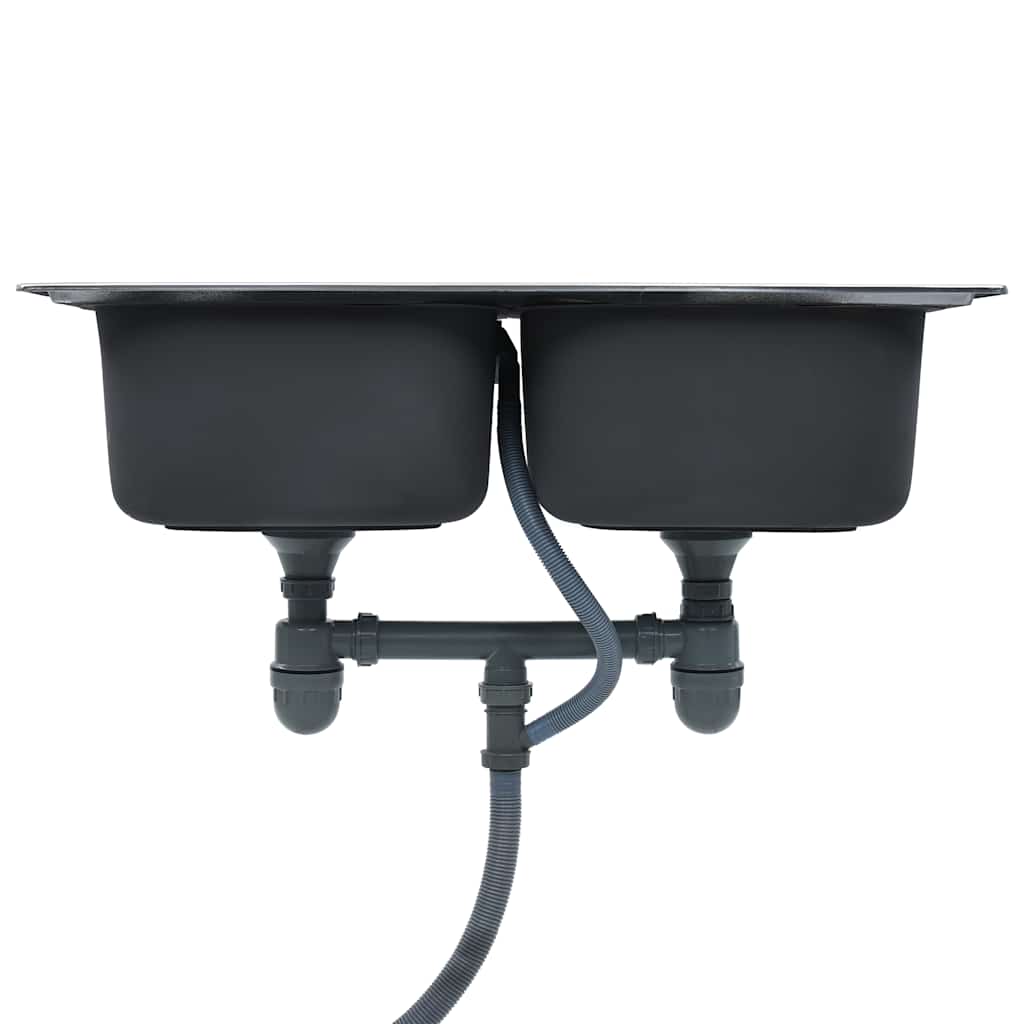 vidaXL Νεροχύτης Κουζίνας Διπλός με Φίλτρο & Σιφόνι Ανοξείδωτο Ατσάλι