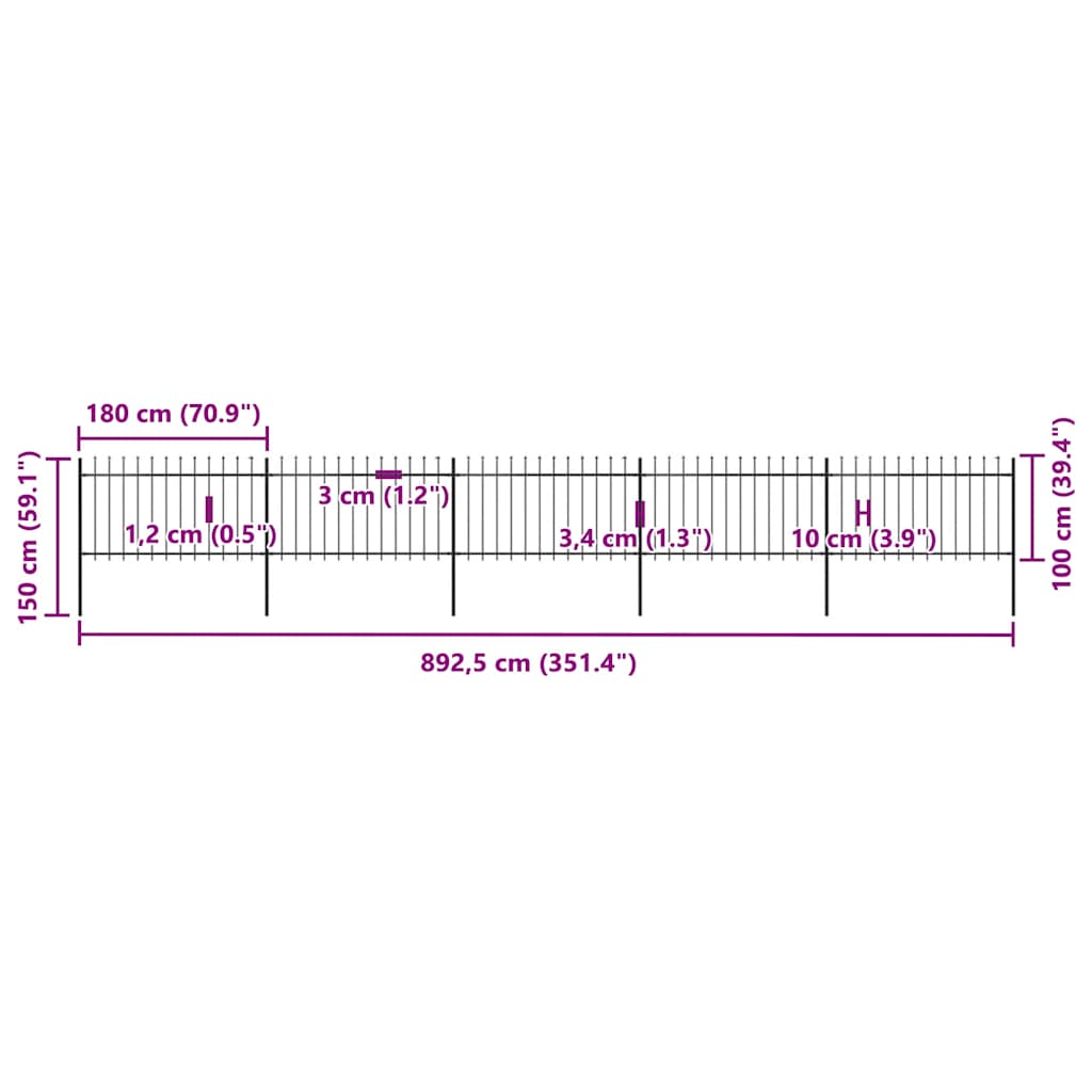 vidaXL Φράχτης Κήπου με Κορυφή Δόρυ από Ατσάλι 892,5 x 100 εκ. Μαύρος