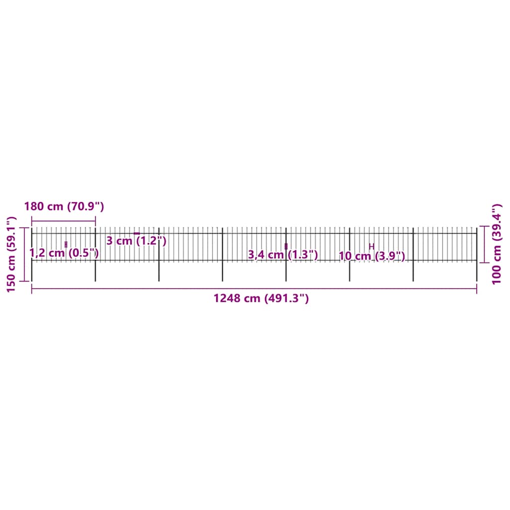 vidaXL Φράχτης Κήπου με Κορυφή Δόρυ Μαύρος Ατσάλινος 1248 x 100 εκ.