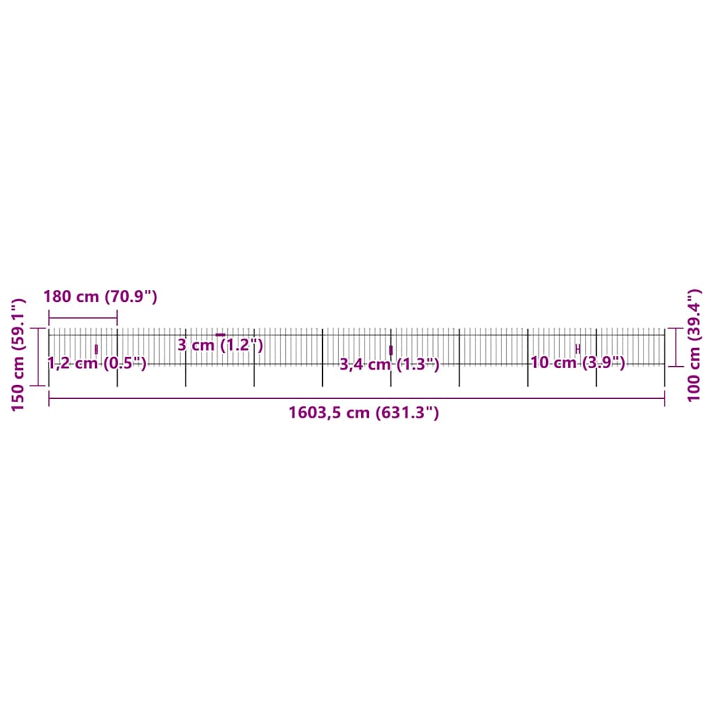 vidaXL Φράχτης Κήπου με Κορυφή Δόρυ από Ατσάλι 1603,5 x 100 εκ. Μαύρος