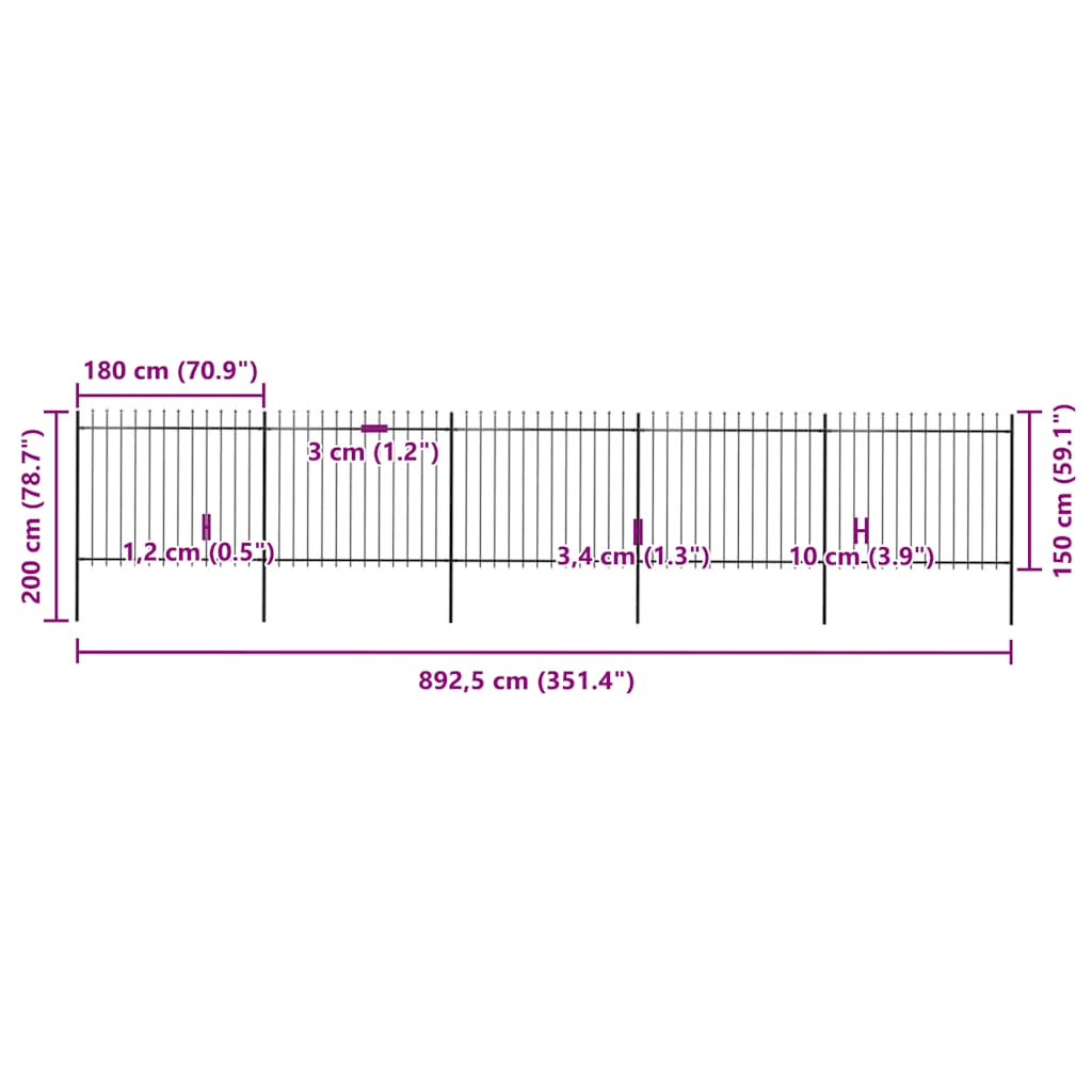 vidaXL Φράχτης Κήπου με Κορυφή Δόρυ από Ατσάλι 892,5 x 150 εκ. Μαύρος