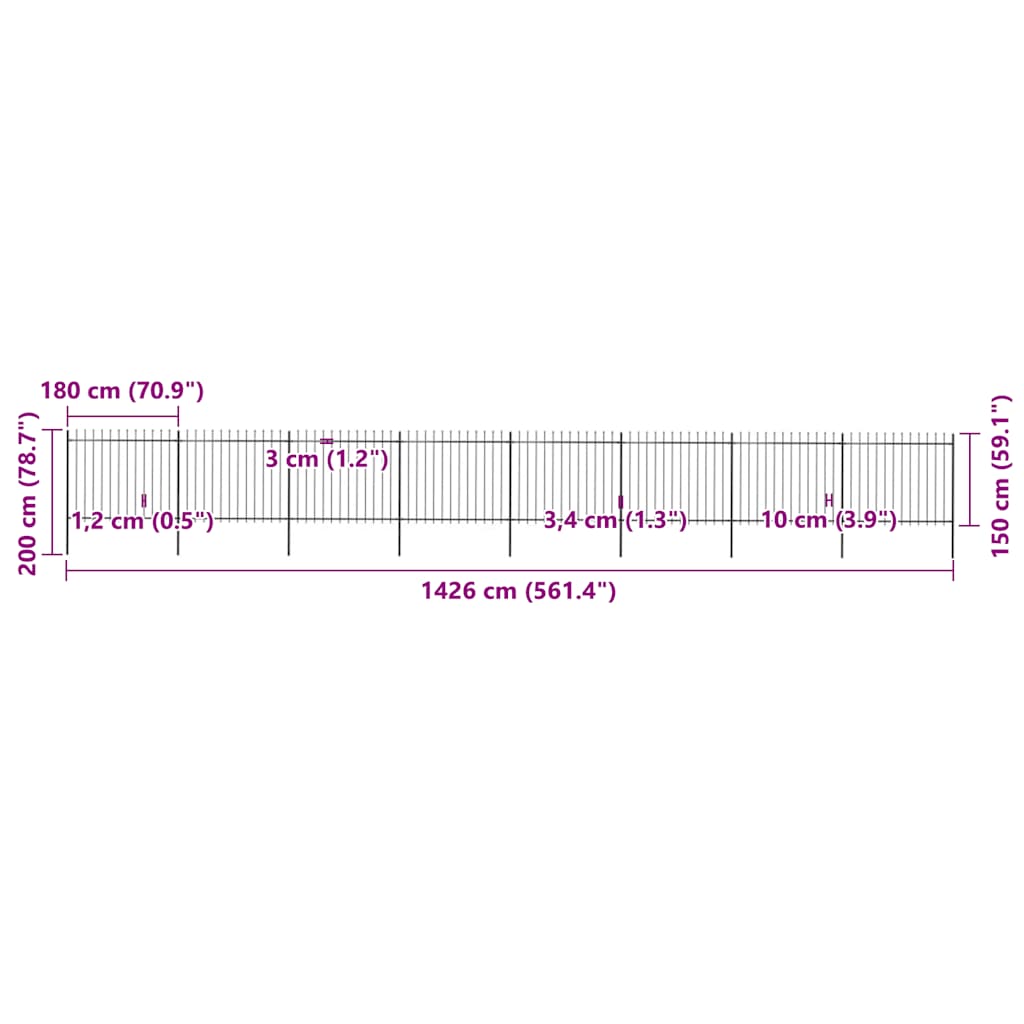 vidaXL Φράχτης Κήπου με Κορυφή Δόρυ Μαύρος Ατσάλινος 1426 x 150 εκ.