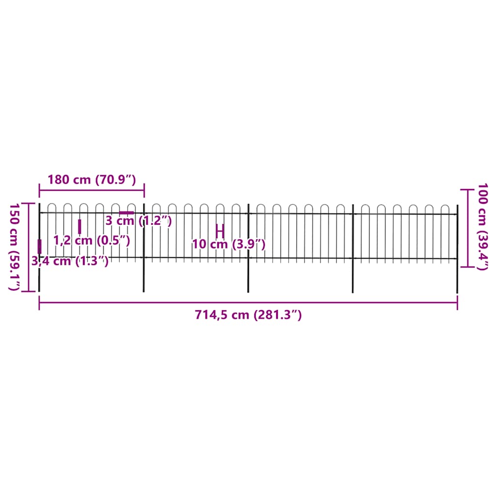 vidaXL Φράχτης Κήπου με Κορυφή από Ατσάλι 714,5 x 100 εκ. Μαύρος