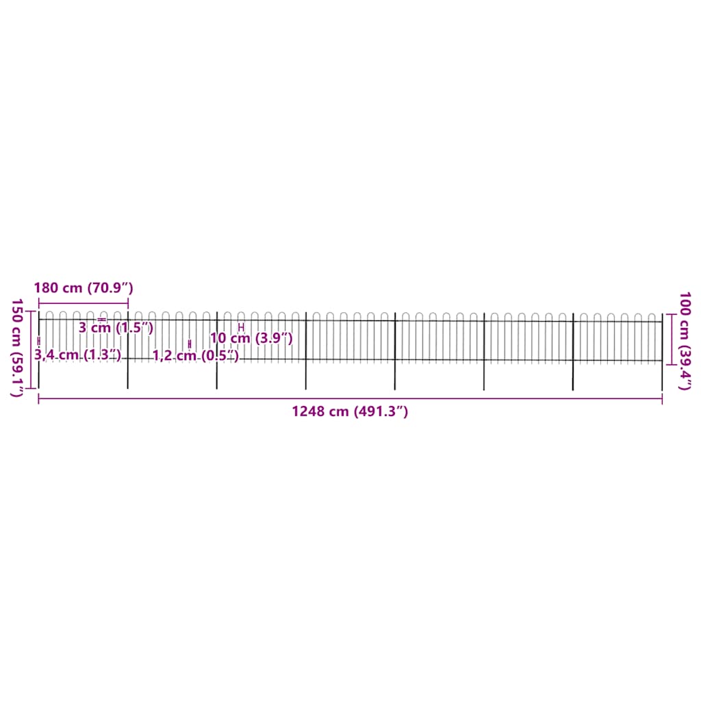vidaXL Φράχτης Κήπου με Κορυφή από Ατσάλι, Μαύρος 1248 x 100 εκ.