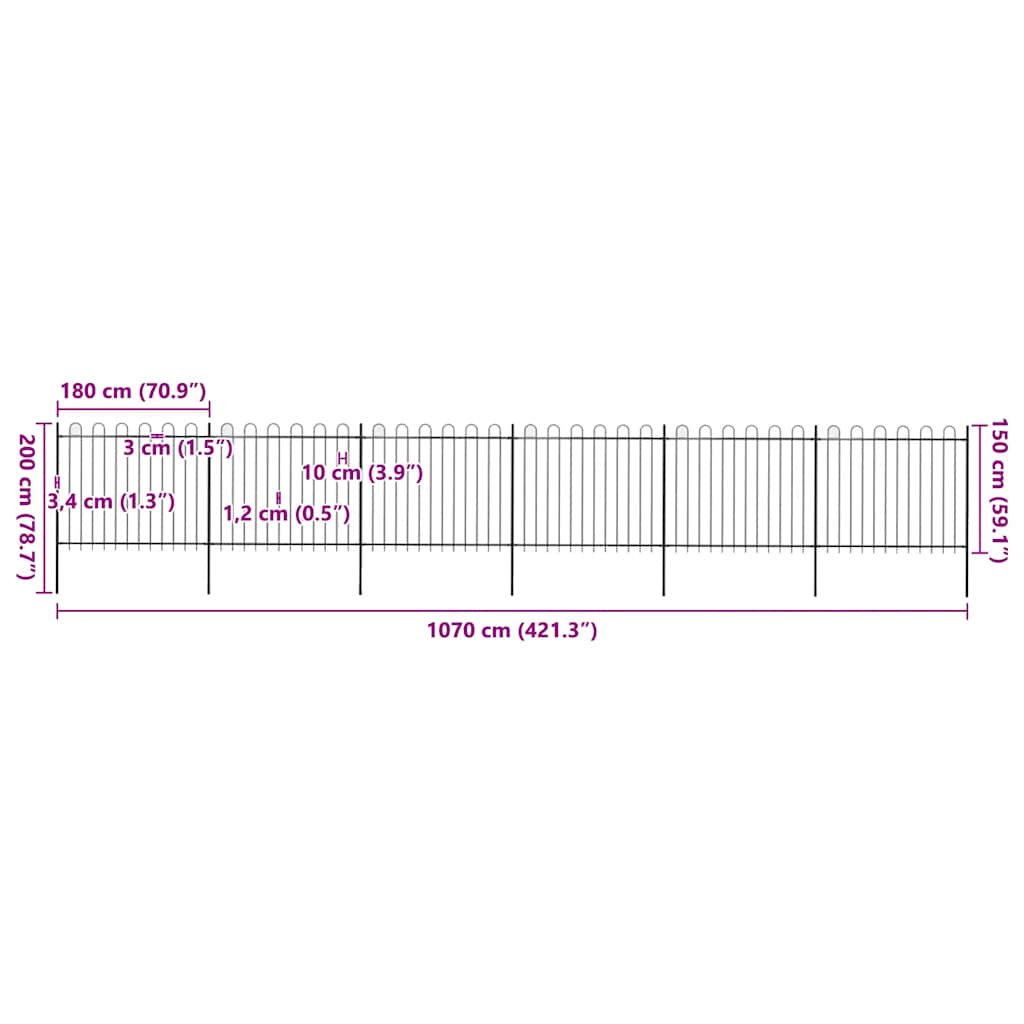 vidaXL Φράχτης Κήπου με Κορυφή από Ατσάλι 1070x150 εκ. Μαύρος