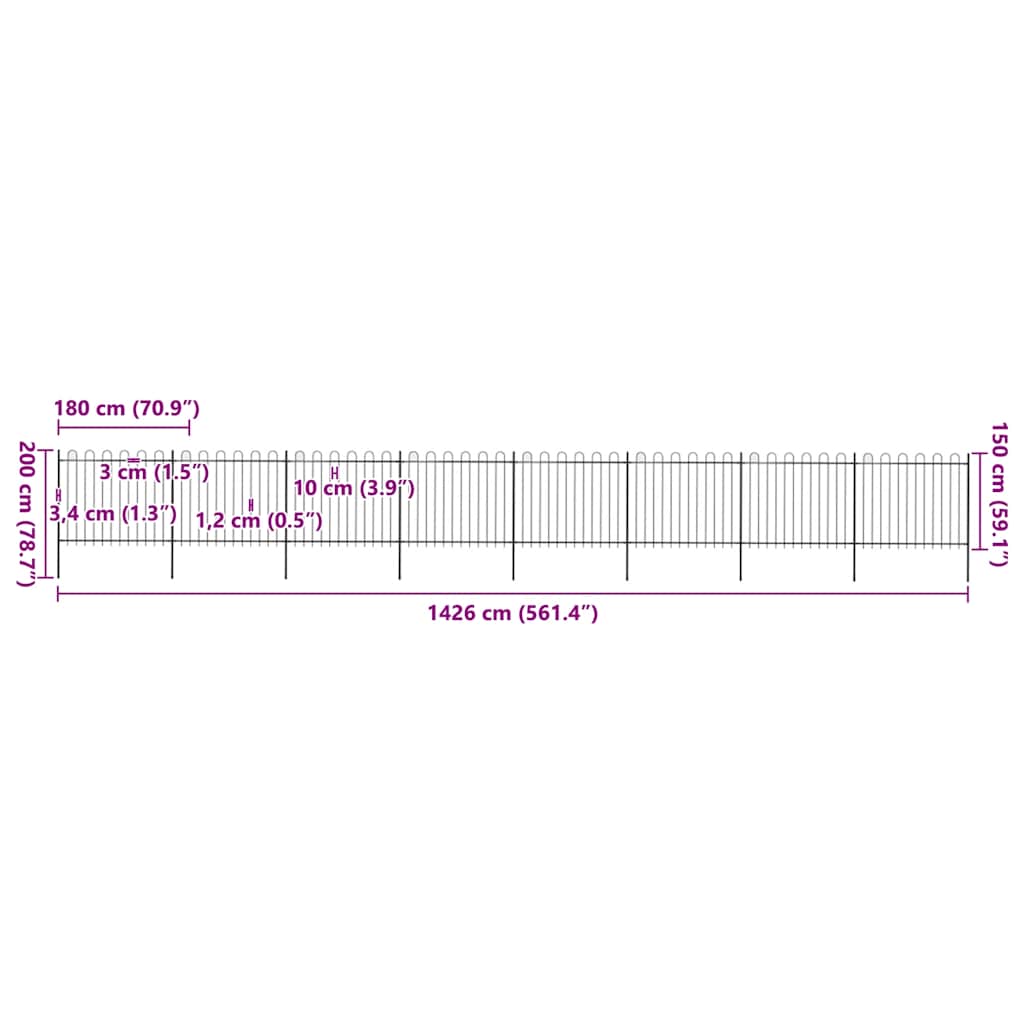 vidaXL Φράχτης Κήπου με Κορυφή από Ατσάλι 1426 x 150 εκ. Μαύρος