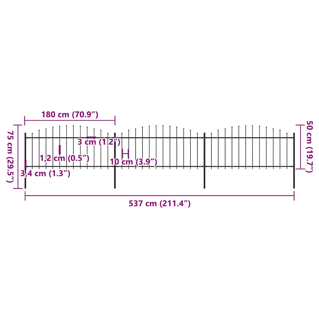 vidaXL Φράχτης Κήπου με Κορυφή Δόρυ Μαύρος Ατσάλινος 537x75 εκ.