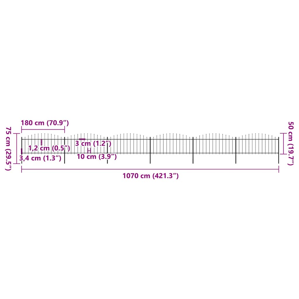 vidaXL Φράχτης Κήπου με Κορυφή Δόρυ από Ατσάλι, Μαύρος 1070x75 εκ.