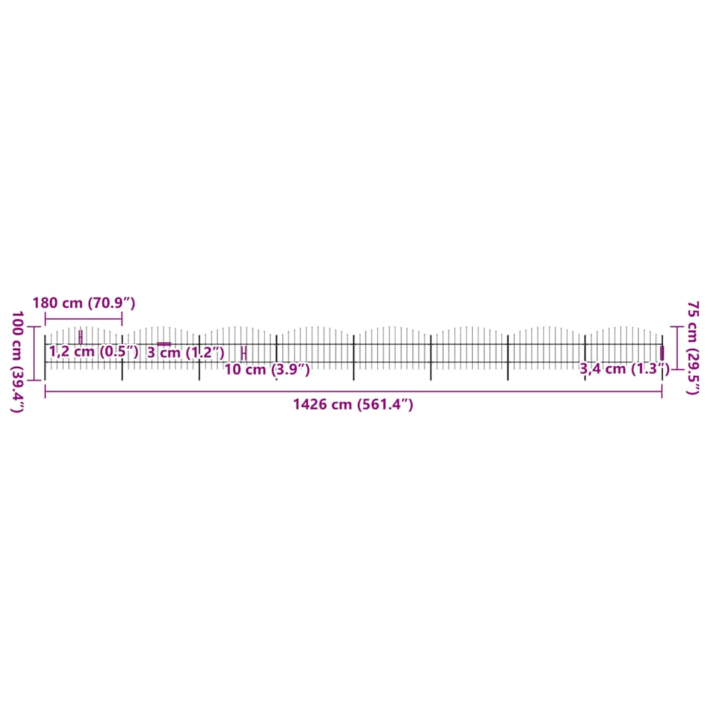 vidaXL Φράχτης Κήπου με Κορυφή Δόρυ Μαύρος Ατσάλινος 1426 x 100 εκ.