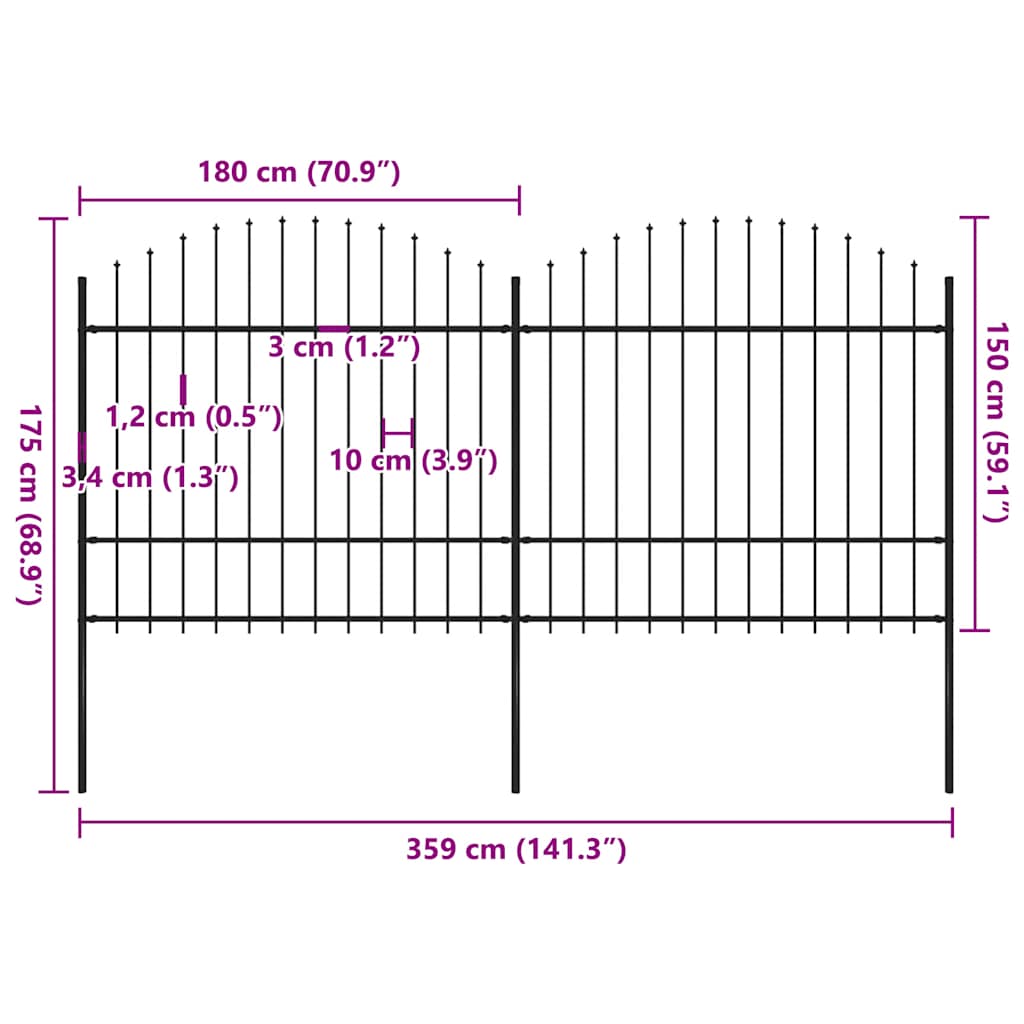 vidaXL Φράχτης Κήπου με Κορυφή Δόρυ από Ατσάλι, Μαύρος 359 x 175 εκ.