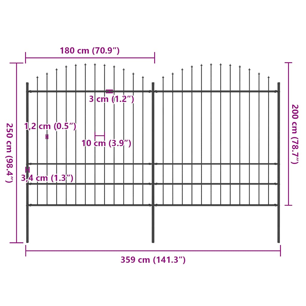 vidaXL Φράχτης Κήπου με Κορυφή Δόρυ Μαύρος Ατσάλινος 359 x 200 εκ.