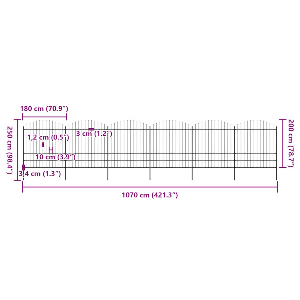 vidaXL Φράχτης Κήπου με Κορυφή Δόρυ Μαύρος Ατσάλινος 1070 x 200 εκ.